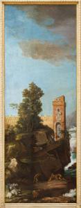 Umfeld von Charles François Grenier de Lacroix (Marseille, 1700 - Berlin 1779), Felsige Landschaft mit Turm und Figuren